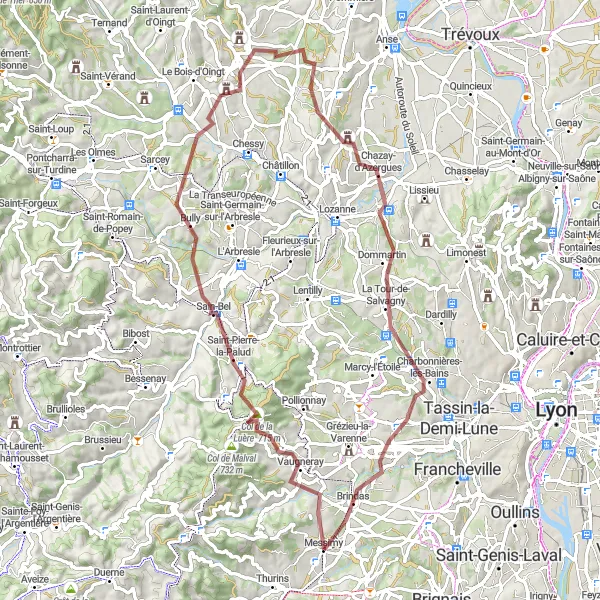 Miniatura della mappa di ispirazione al ciclismo "Giro Gravel attraverso i Colli del Rodano" nella regione di Rhône-Alpes, France. Generata da Tarmacs.app, pianificatore di rotte ciclistiche