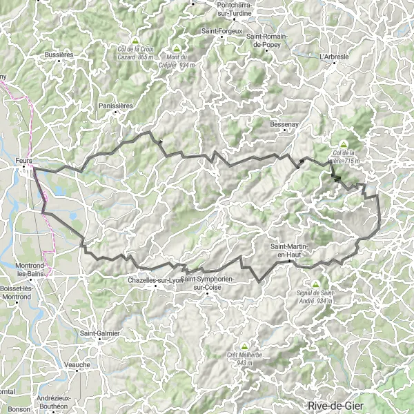 Miniatua del mapa de inspiración ciclista "Ruta de ciclismo de carretera con 1932m de ascenso en 108km" en Rhône-Alpes, France. Generado por Tarmacs.app planificador de rutas ciclistas