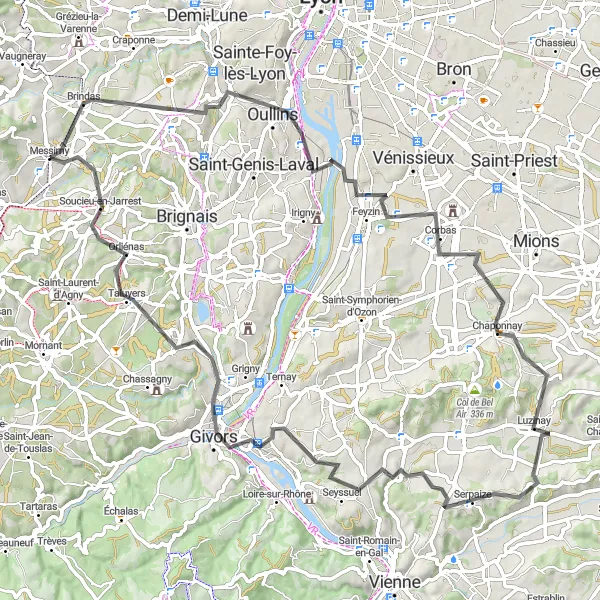 Map miniature of "Oullins to Orliénas Road Loop" cycling inspiration in Rhône-Alpes, France. Generated by Tarmacs.app cycling route planner