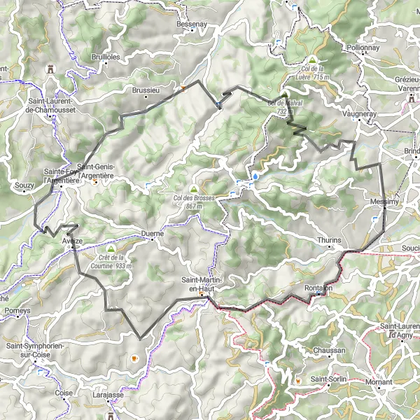 Map miniature of "Messimy Hills Loop" cycling inspiration in Rhône-Alpes, France. Generated by Tarmacs.app cycling route planner