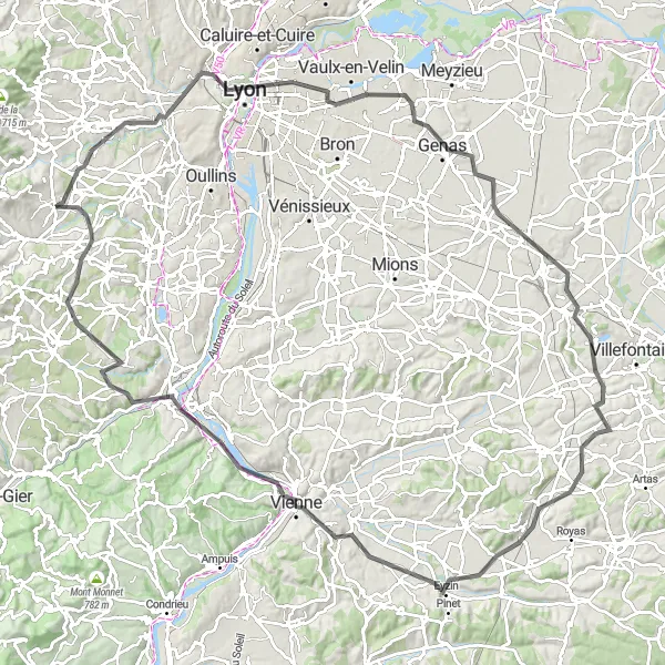 Zemljevid v pomanjšavi "Krožna kolesarska pot okoli Messimyja" kolesarske inspiracije v Rhône-Alpes, France. Generirano z načrtovalcem kolesarskih poti Tarmacs.app