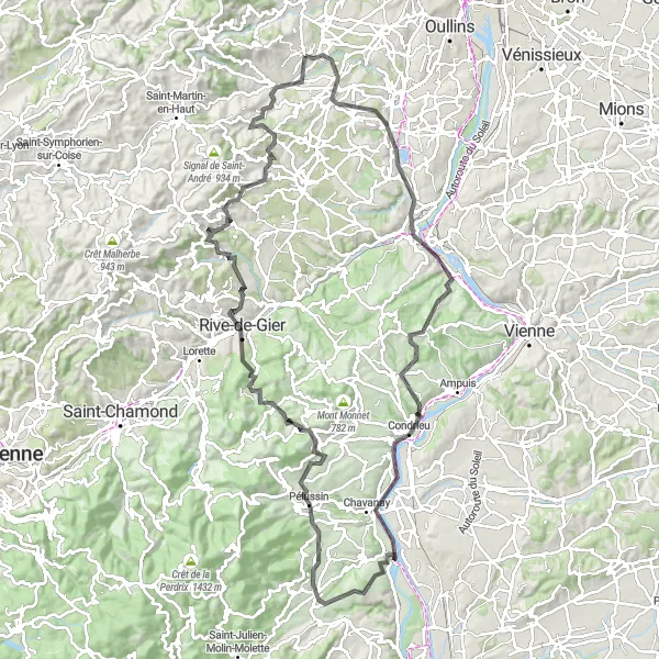 Karttaminiaatyyri "Soucieu-en-Jarrest-Crêt du Bouchat Loop" pyöräilyinspiraatiosta alueella Rhône-Alpes, France. Luotu Tarmacs.app pyöräilyreittisuunnittelijalla