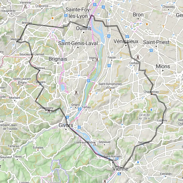 Kartminiatyr av "Runt Chaponost & Givors" cykelinspiration i Rhône-Alpes, France. Genererad av Tarmacs.app cykelruttplanerare