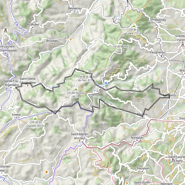 Map miniature of "Thurins Exploratory Ride" cycling inspiration in Rhône-Alpes, France. Generated by Tarmacs.app cycling route planner