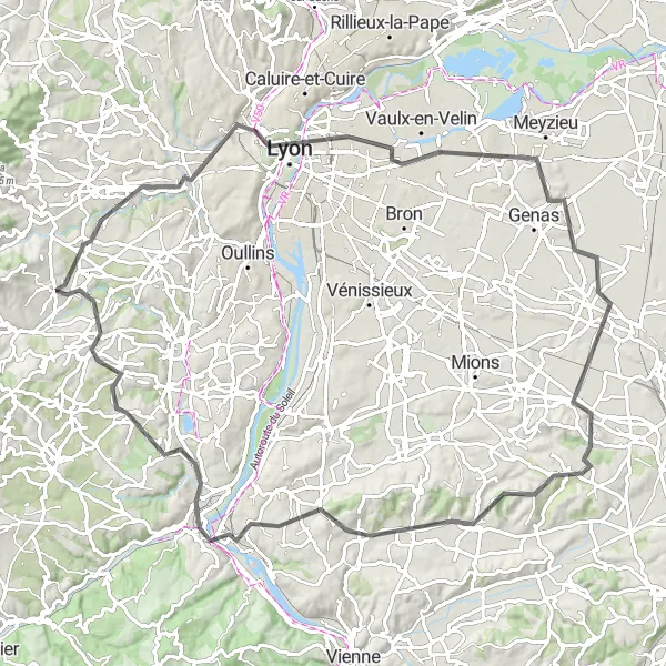 Miniature de la carte de l'inspiration cycliste "Parcours pittoresque autour de Messimy" dans la Rhône-Alpes, France. Générée par le planificateur d'itinéraire cycliste Tarmacs.app