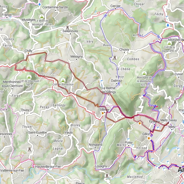 Miniatuurkaart van de fietsinspiratie "Gravelroute rond Sillingy" in Rhône-Alpes, France. Gemaakt door de Tarmacs.app fietsrouteplanner