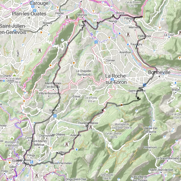 Karttaminiaatyyri "Korkeuksien kutsu - Metz-Tessy pyöräretki" pyöräilyinspiraatiosta alueella Rhône-Alpes, France. Luotu Tarmacs.app pyöräilyreittisuunnittelijalla