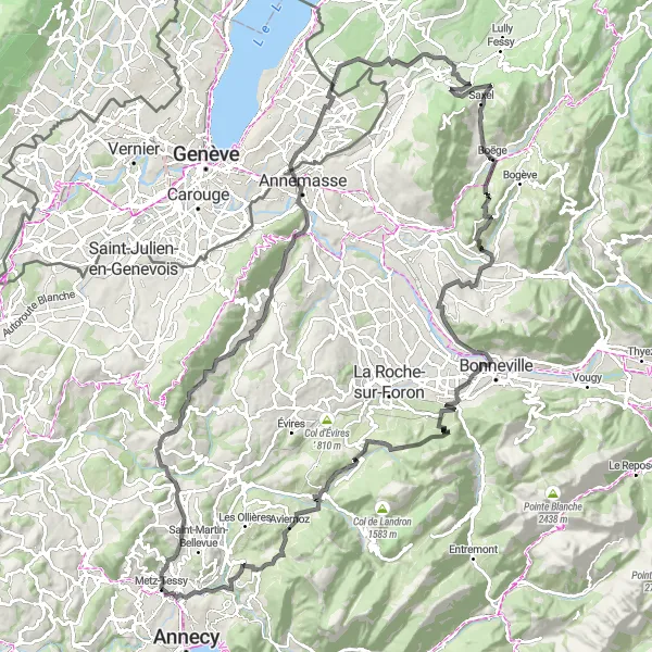 Map miniature of "Mont Péle - Cruseilles - La Muraz - Mont Gosse - Bons-en-Chablais - Col de Saxel - Boëge - Peillonnex - Château de Cohendier - Pointe de la Dent - Villaz - Pont de Brogny" cycling inspiration in Rhône-Alpes, France. Generated by Tarmacs.app cycling route planner