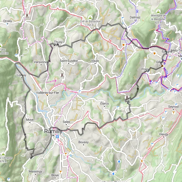 Mapa miniatúra "Cyklotrasa cez Poisy a Marcellaz-Albanais" cyklistická inšpirácia v Rhône-Alpes, France. Vygenerované cyklistickým plánovačom trás Tarmacs.app