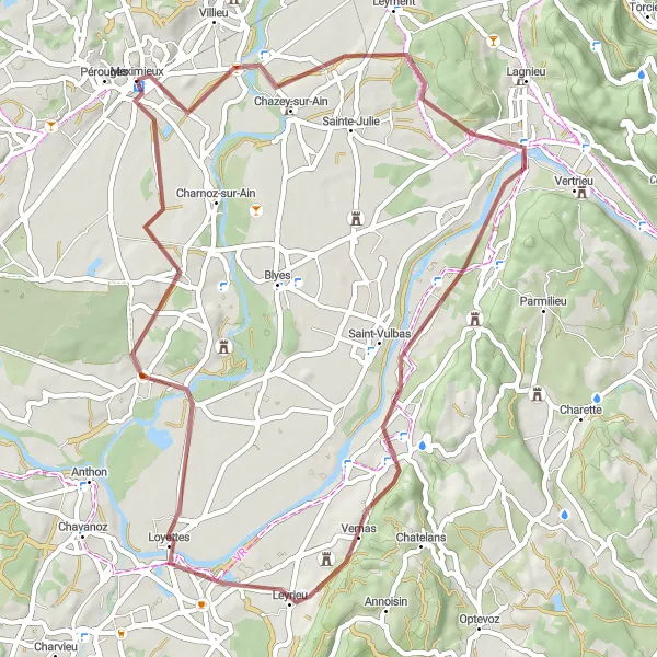 Miniatua del mapa de inspiración ciclista "Aventura en grava hacia Saint-Vulbas y Saint-Maurice-de-Gourdans" en Rhône-Alpes, France. Generado por Tarmacs.app planificador de rutas ciclistas