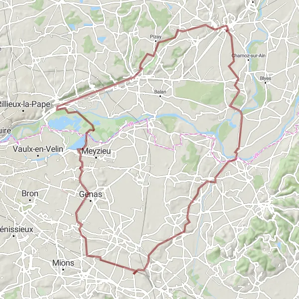Kartminiatyr av "Naturopplevelser og landsbyliv" sykkelinspirasjon i Rhône-Alpes, France. Generert av Tarmacs.app sykkelrutoplanlegger