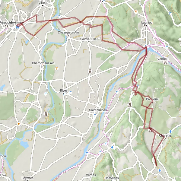 Mapa miniatúra "Gravelová trasa po okolí Meximieux" cyklistická inšpirácia v Rhône-Alpes, France. Vygenerované cyklistickým plánovačom trás Tarmacs.app