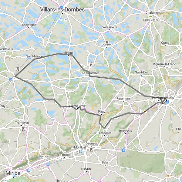 Mapa miniatúra "Road Route from Bourg-Saint-Christophe to Meximieux" cyklistická inšpirácia v Rhône-Alpes, France. Vygenerované cyklistickým plánovačom trás Tarmacs.app