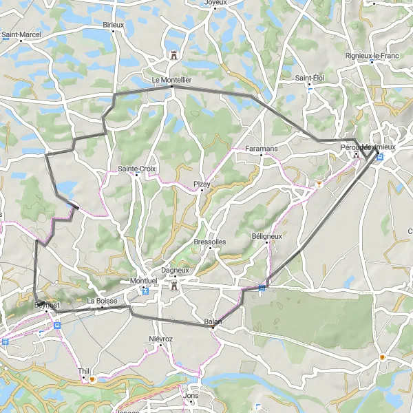 Miniatua del mapa de inspiración ciclista "Ruta en Carretera a Niévroz" en Rhône-Alpes, France. Generado por Tarmacs.app planificador de rutas ciclistas