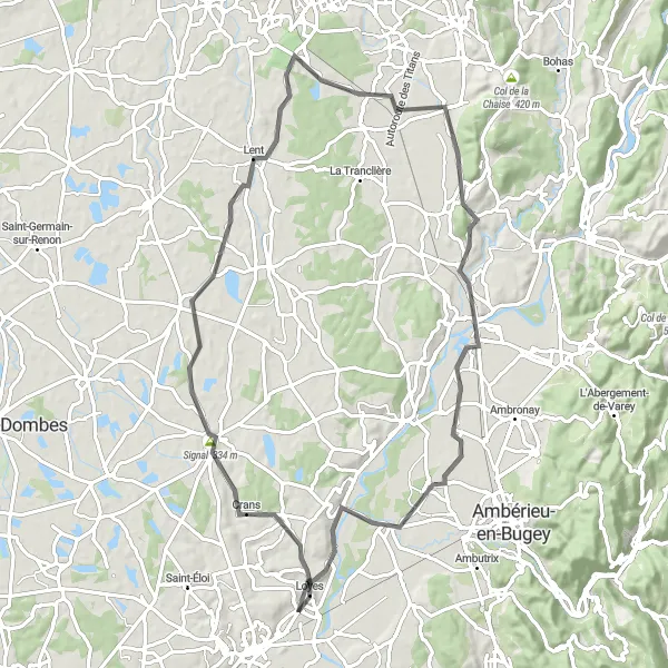 Miniatua del mapa de inspiración ciclista "Recorrido en carretera hacia Saint-Nizier-le-Désert y Tossiat" en Rhône-Alpes, France. Generado por Tarmacs.app planificador de rutas ciclistas