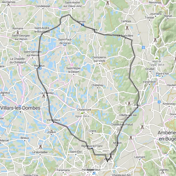 Miniature de la carte de l'inspiration cycliste "Le Tour de la Dombes" dans la Rhône-Alpes, France. Générée par le planificateur d'itinéraire cycliste Tarmacs.app