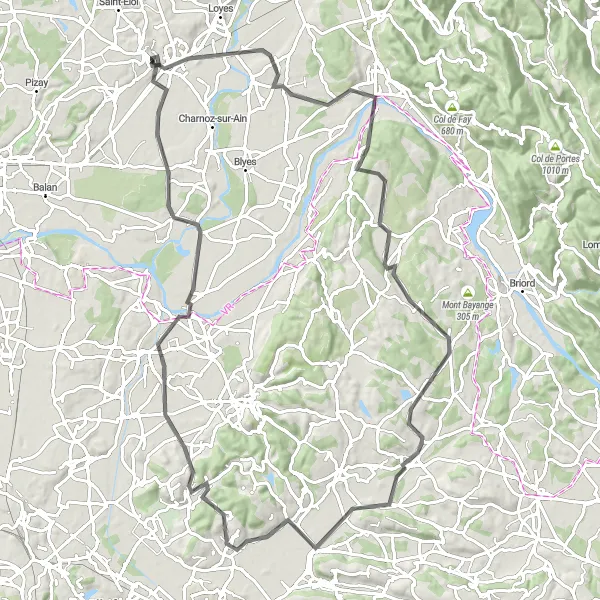 Map miniature of "Historical Landmarks and Scenic Valleys" cycling inspiration in Rhône-Alpes, France. Generated by Tarmacs.app cycling route planner