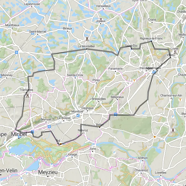 Miniature de la carte de l'inspiration cycliste "Boucle de Meximieux" dans la Rhône-Alpes, France. Générée par le planificateur d'itinéraire cycliste Tarmacs.app