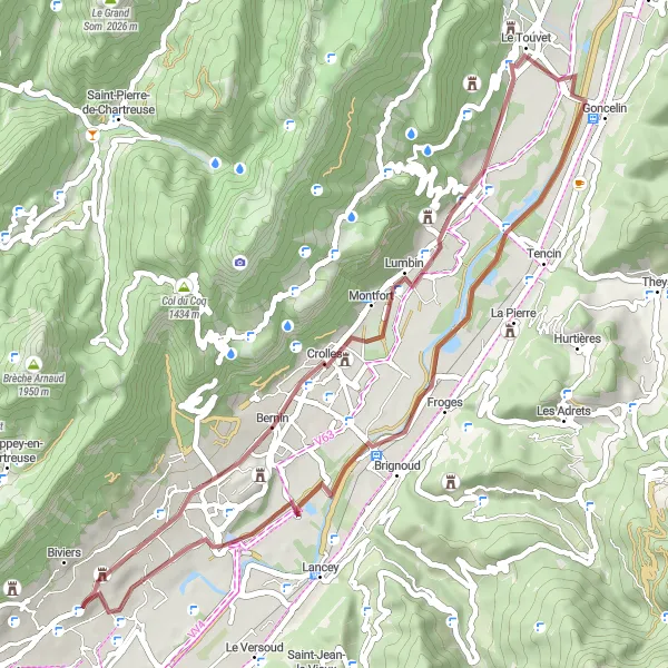 Map miniature of "Bernin - Montbonnot Gravel Loop" cycling inspiration in Rhône-Alpes, France. Generated by Tarmacs.app cycling route planner