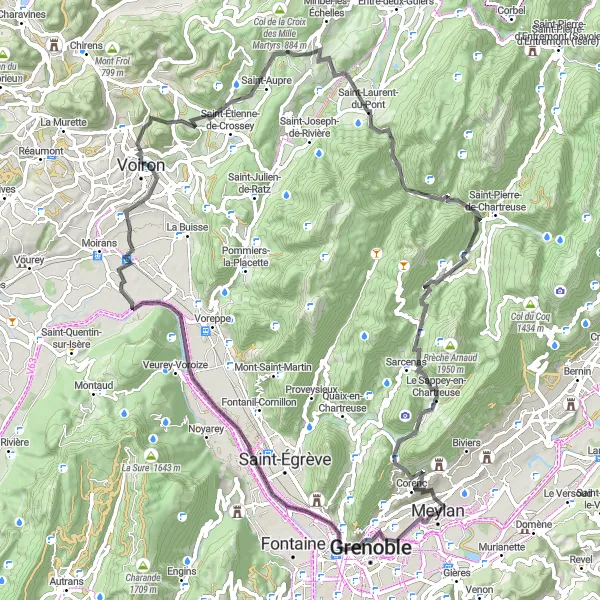 Map miniature of "Meylan - Col de Porte Road Challenge" cycling inspiration in Rhône-Alpes, France. Generated by Tarmacs.app cycling route planner