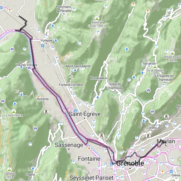 Map miniature of "Meylan - Grenoble Circuit" cycling inspiration in Rhône-Alpes, France. Generated by Tarmacs.app cycling route planner