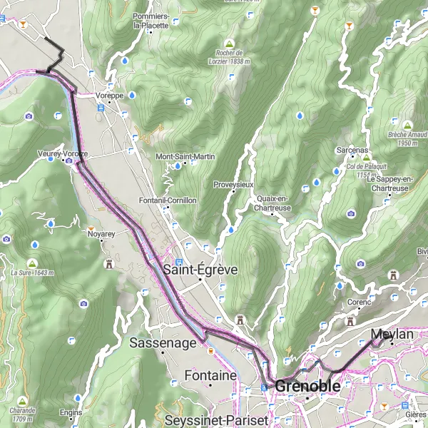 Karttaminiaatyyri "Maantiepyöräilyreitti Tronche - Hôpitalilta Meylan - Mairieen" pyöräilyinspiraatiosta alueella Rhône-Alpes, France. Luotu Tarmacs.app pyöräilyreittisuunnittelijalla