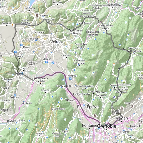 Map miniature of "Meylan - La Tronche - Hôpital - Mont Jalla - Bec de l'Échaillon - Beaucroissant - Saint-Nicolas-de-Macherin - Tourniquet de Pierre-Chave - Saint-Laurent-du-Pont - Col de Porte - Le Sappey-en-Chartreuse - Corenc" cycling inspiration in Rhône-Alpes, France. Generated by Tarmacs.app cycling route planner