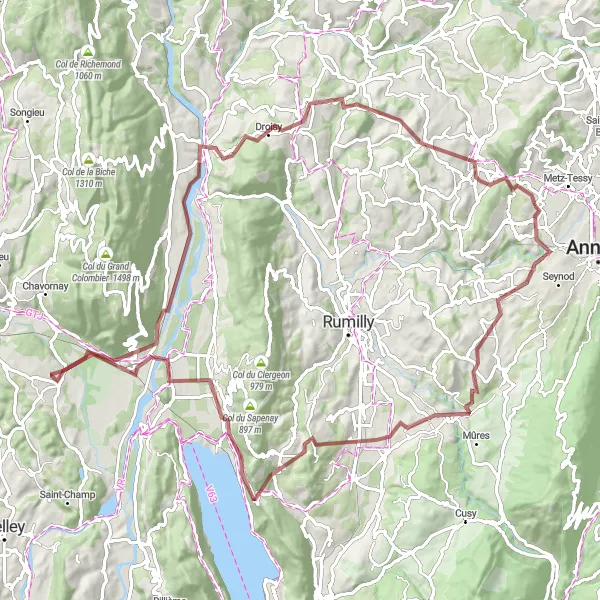 Map miniature of "Gravel Adventure in the French Alps" cycling inspiration in Rhône-Alpes, France. Generated by Tarmacs.app cycling route planner