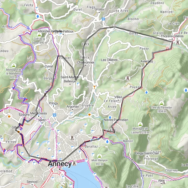 Miniatura della mappa di ispirazione al ciclismo "Giro panoramico intorno ad Annecy" nella regione di Rhône-Alpes, France. Generata da Tarmacs.app, pianificatore di rotte ciclistiche