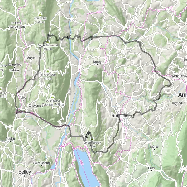 Map miniature of "Chavanod to La Balme-de-Sillingy" cycling inspiration in Rhône-Alpes, France. Generated by Tarmacs.app cycling route planner