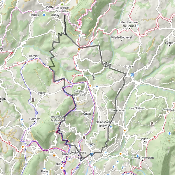 Miniature de la carte de l'inspiration cycliste "Tour de la Mandallaz" dans la Rhône-Alpes, France. Générée par le planificateur d'itinéraire cycliste Tarmacs.app