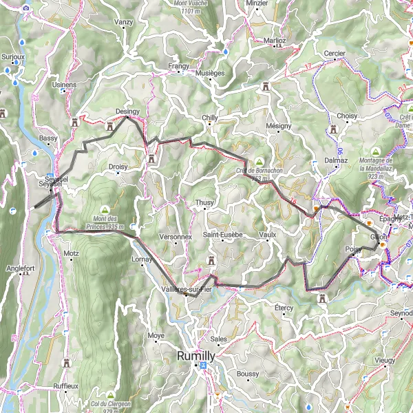 Map miniature of "Scenic Cycling Route from Meythet to Seyssel" cycling inspiration in Rhône-Alpes, France. Generated by Tarmacs.app cycling route planner