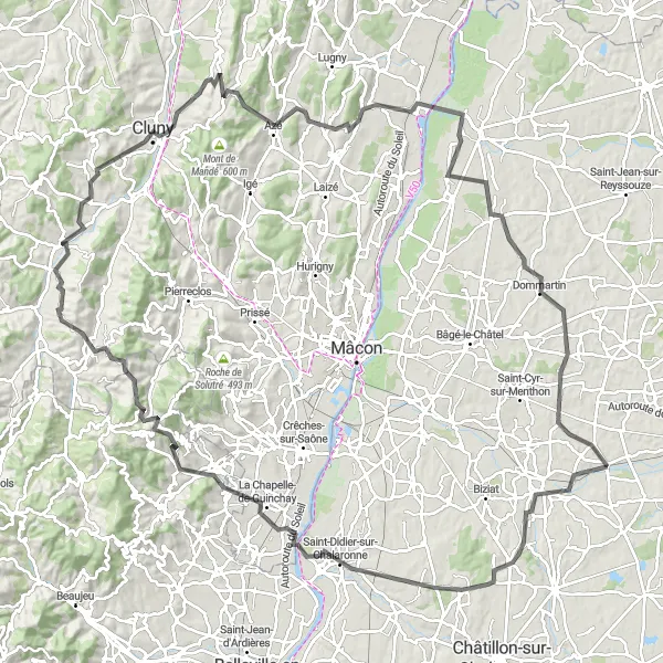 Miniatua del mapa de inspiración ciclista "Ruta de ciclismo en carretera desde Mézériat a través de Vonnas, Thoissey, Chénas, Table d'orientation, Vannas, Clermain, Cluny, Col de la Percée, Reyssouze, Saint-Genis-sur-Menthon y Mézériat" en Rhône-Alpes, France. Generado por Tarmacs.app planificador de rutas ciclistas