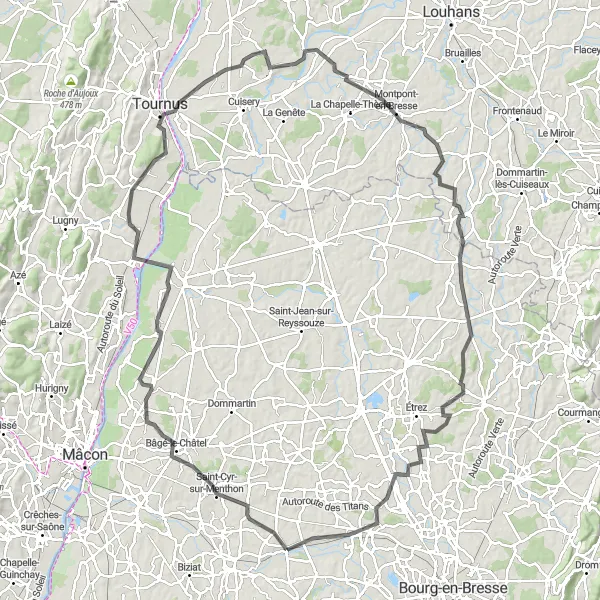 Kartminiatyr av "Lantliga Skatter och Kulturella Upplevelser" cykelinspiration i Rhône-Alpes, France. Genererad av Tarmacs.app cykelruttplanerare