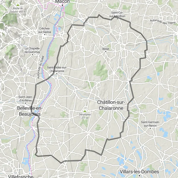 Miniatua del mapa de inspiración ciclista "Ruta de ciclismo por carretera cerca de Mézériat" en Rhône-Alpes, France. Generado por Tarmacs.app planificador de rutas ciclistas