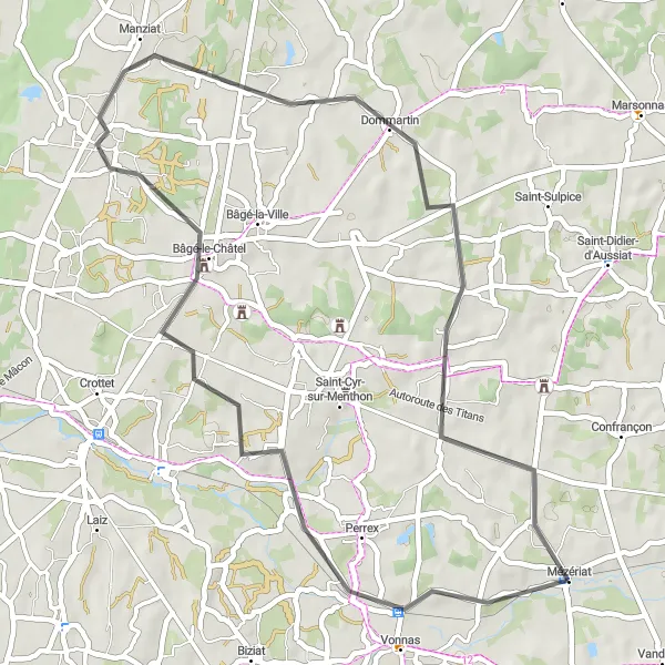 Miniatura della mappa di ispirazione al ciclismo "Giro in bicicletta da Mézériat a Bâgé-le-Châtel" nella regione di Rhône-Alpes, France. Generata da Tarmacs.app, pianificatore di rotte ciclistiche