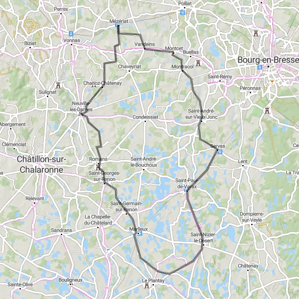 Miniatua del mapa de inspiración ciclista "Descubre Marlieux y Neuville-les-Dames en bicicleta" en Rhône-Alpes, France. Generado por Tarmacs.app planificador de rutas ciclistas