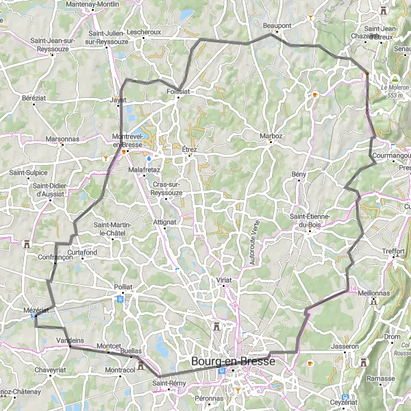 Miniaturní mapa "Od Montrevel-en-Bresse do Le Manet" inspirace pro cyklisty v oblasti Rhône-Alpes, France. Vytvořeno pomocí plánovače tras Tarmacs.app