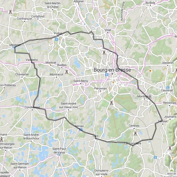 Miniaturní mapa "Cyklistická trasa kolem Monastère Royal de Brou" inspirace pro cyklisty v oblasti Rhône-Alpes, France. Vytvořeno pomocí plánovače tras Tarmacs.app