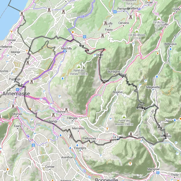Miniaturní mapa "Okruhová cyklistická trasa kolem Mieussy" inspirace pro cyklisty v oblasti Rhône-Alpes, France. Vytvořeno pomocí plánovače tras Tarmacs.app