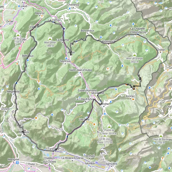 Miniatura della mappa di ispirazione al ciclismo "Avventura ciclistica verso Les Gets" nella regione di Rhône-Alpes, France. Generata da Tarmacs.app, pianificatore di rotte ciclistiche