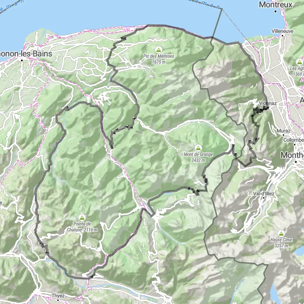 Kartminiatyr av "Mieussy til Les Suets Rundtur" sykkelinspirasjon i Rhône-Alpes, France. Generert av Tarmacs.app sykkelrutoplanlegger