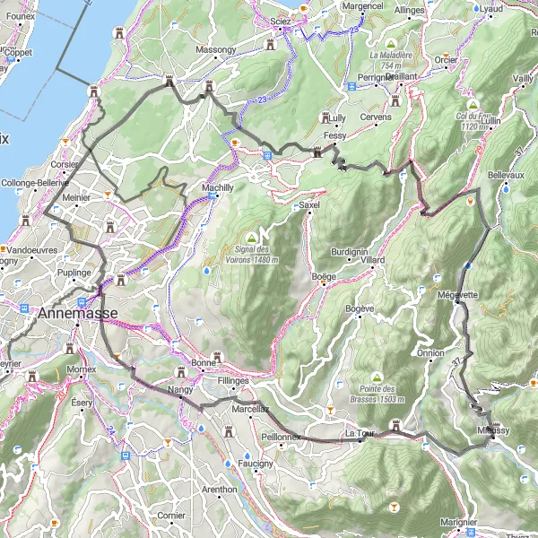 Miniatua del mapa de inspiración ciclista "Ruta escénica a través de Saint-Jeoire" en Rhône-Alpes, France. Generado por Tarmacs.app planificador de rutas ciclistas