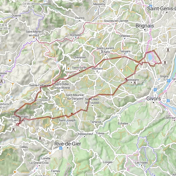 Miniatua del mapa de inspiración ciclista "Ruta de grava desde Millery" en Rhône-Alpes, France. Generado por Tarmacs.app planificador de rutas ciclistas