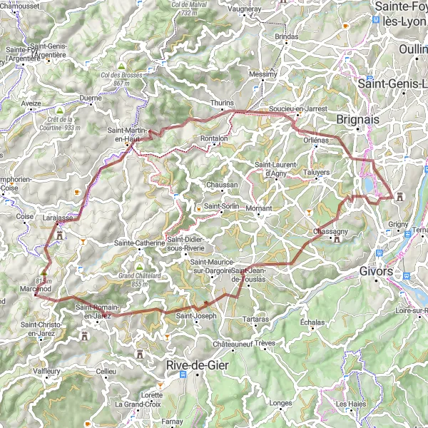 Miniatura mapy "Trasa Gravel Chassagny - Soucieu-en-Jarrest" - trasy rowerowej w Rhône-Alpes, France. Wygenerowane przez planer tras rowerowych Tarmacs.app