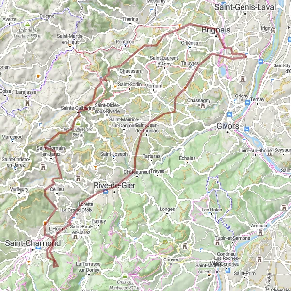 Miniaturní mapa "Gravel Route through Millery" inspirace pro cyklisty v oblasti Rhône-Alpes, France. Vytvořeno pomocí plánovače tras Tarmacs.app