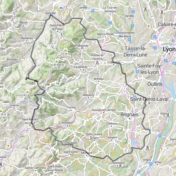 Map miniature of "Charly to Saint-Genis-Laval Cycling Route" cycling inspiration in Rhône-Alpes, France. Generated by Tarmacs.app cycling route planner