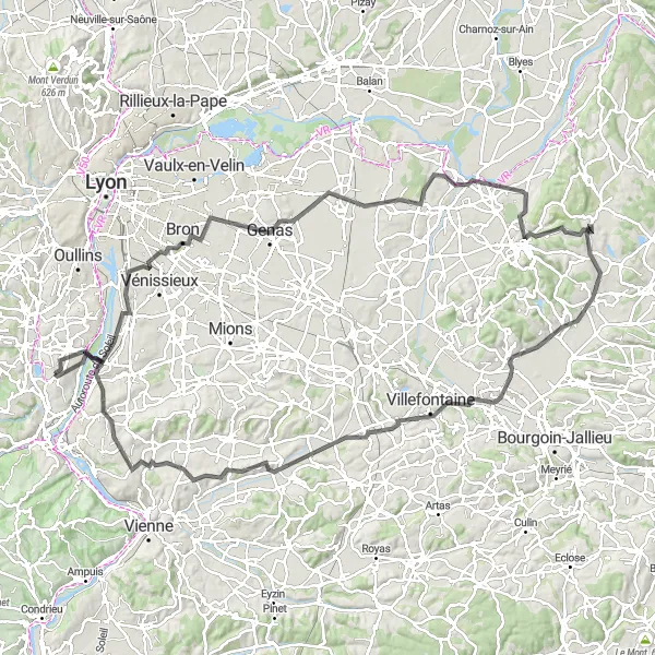 Kartminiatyr av "Rhône-Alpes eventyret: Vernaison til Charly" sykkelinspirasjon i Rhône-Alpes, France. Generert av Tarmacs.app sykkelrutoplanlegger