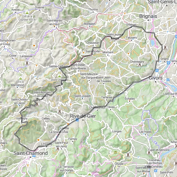 Miniatua del mapa de inspiración ciclista "Desafío en carretera por los alrededores de Millery" en Rhône-Alpes, France. Generado por Tarmacs.app planificador de rutas ciclistas