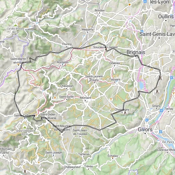 Miniatuurkaart van de fietsinspiratie "Chassagny en omgeving" in Rhône-Alpes, France. Gemaakt door de Tarmacs.app fietsrouteplanner